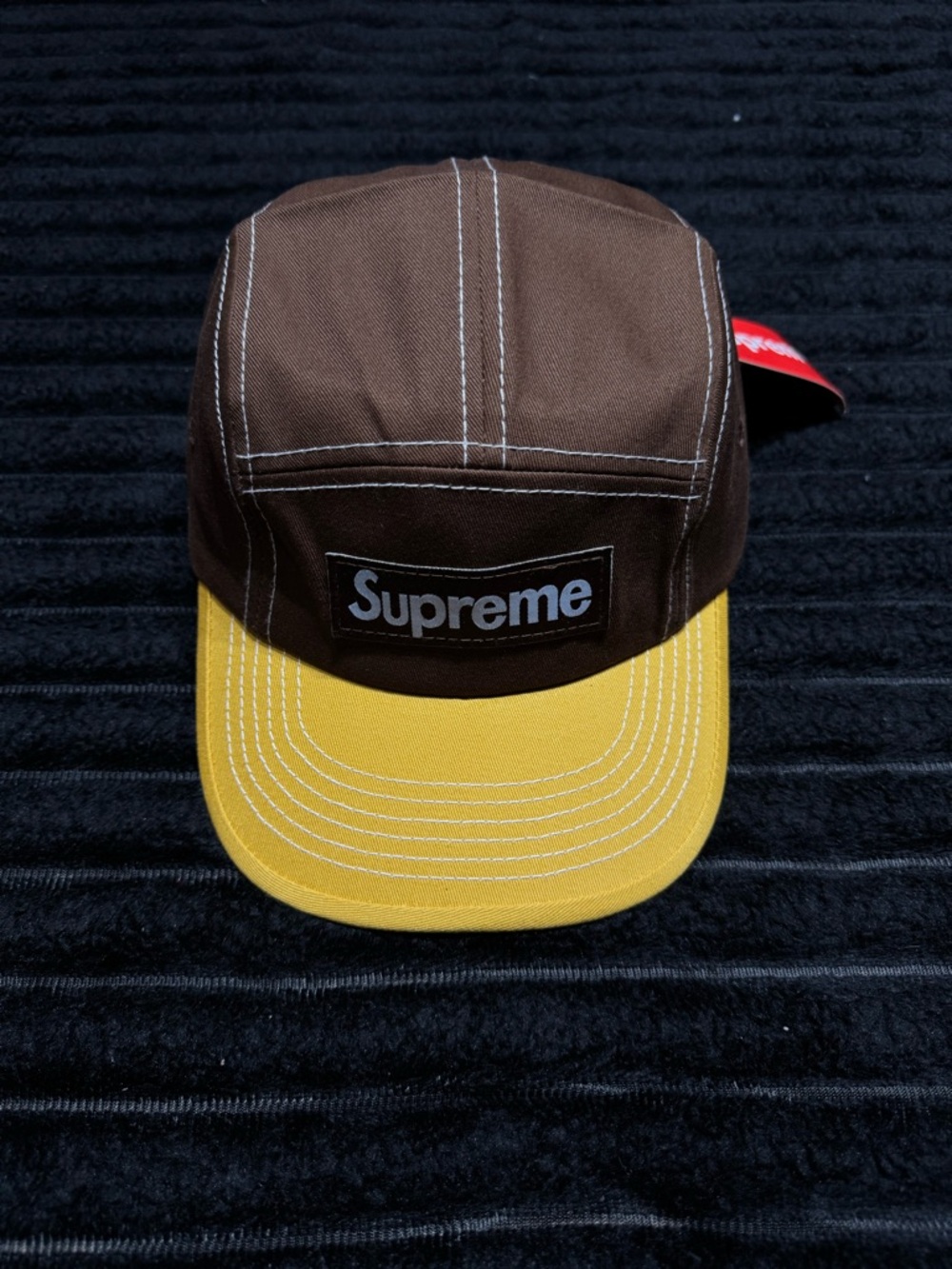 Supreme Brown and Yellow 5-Panel Cap with White Stitching